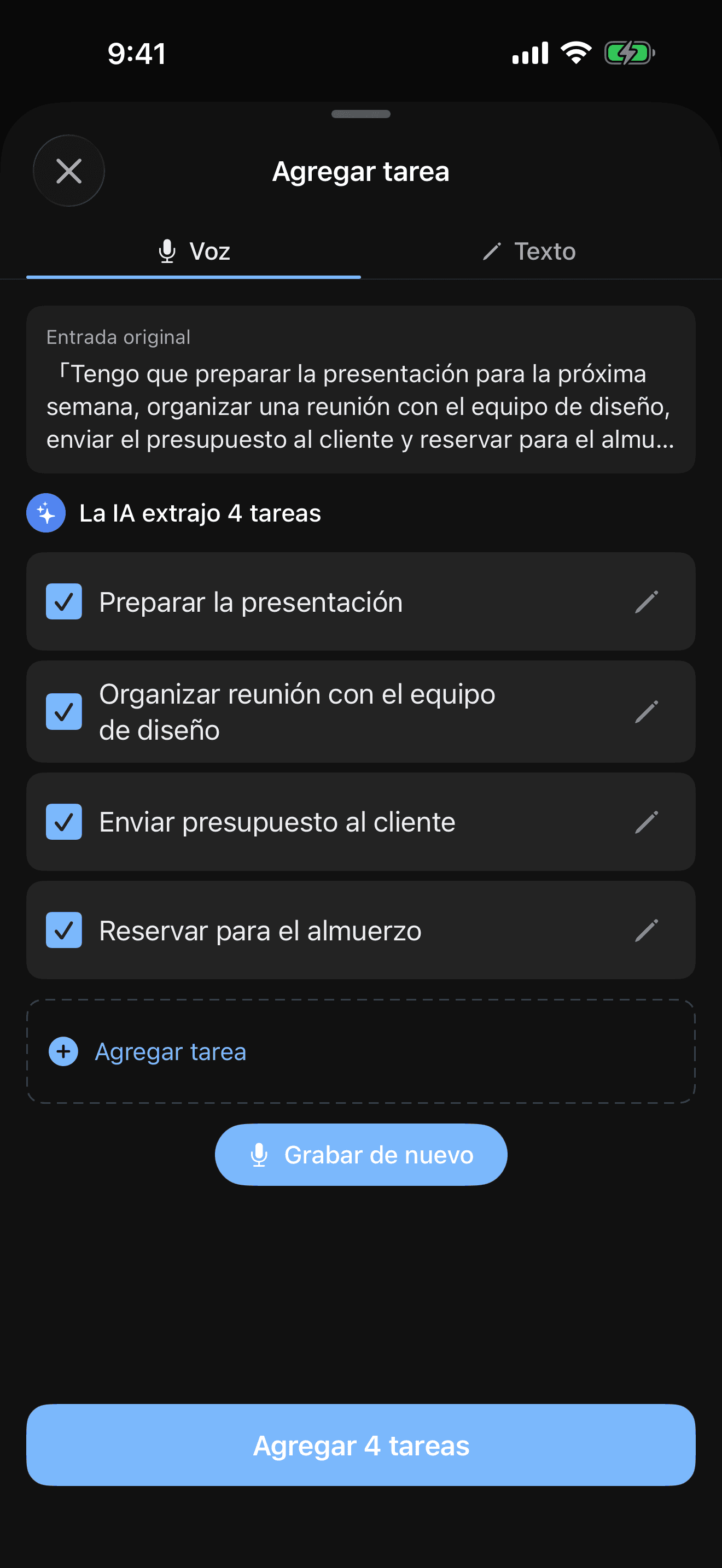 Pantalla de división de tareas con IA