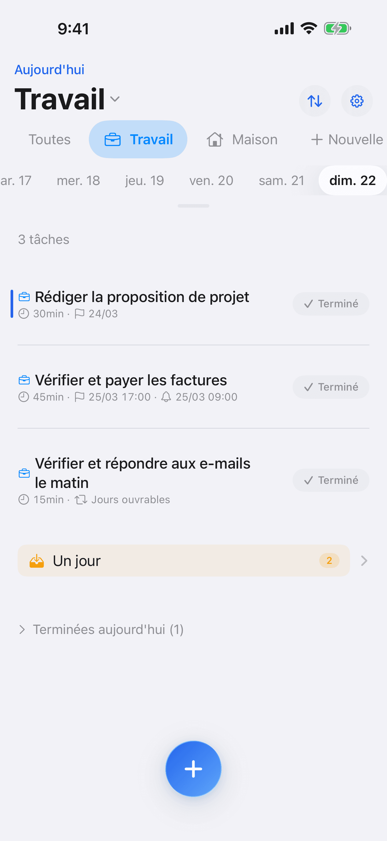 Écran de liste de tâches