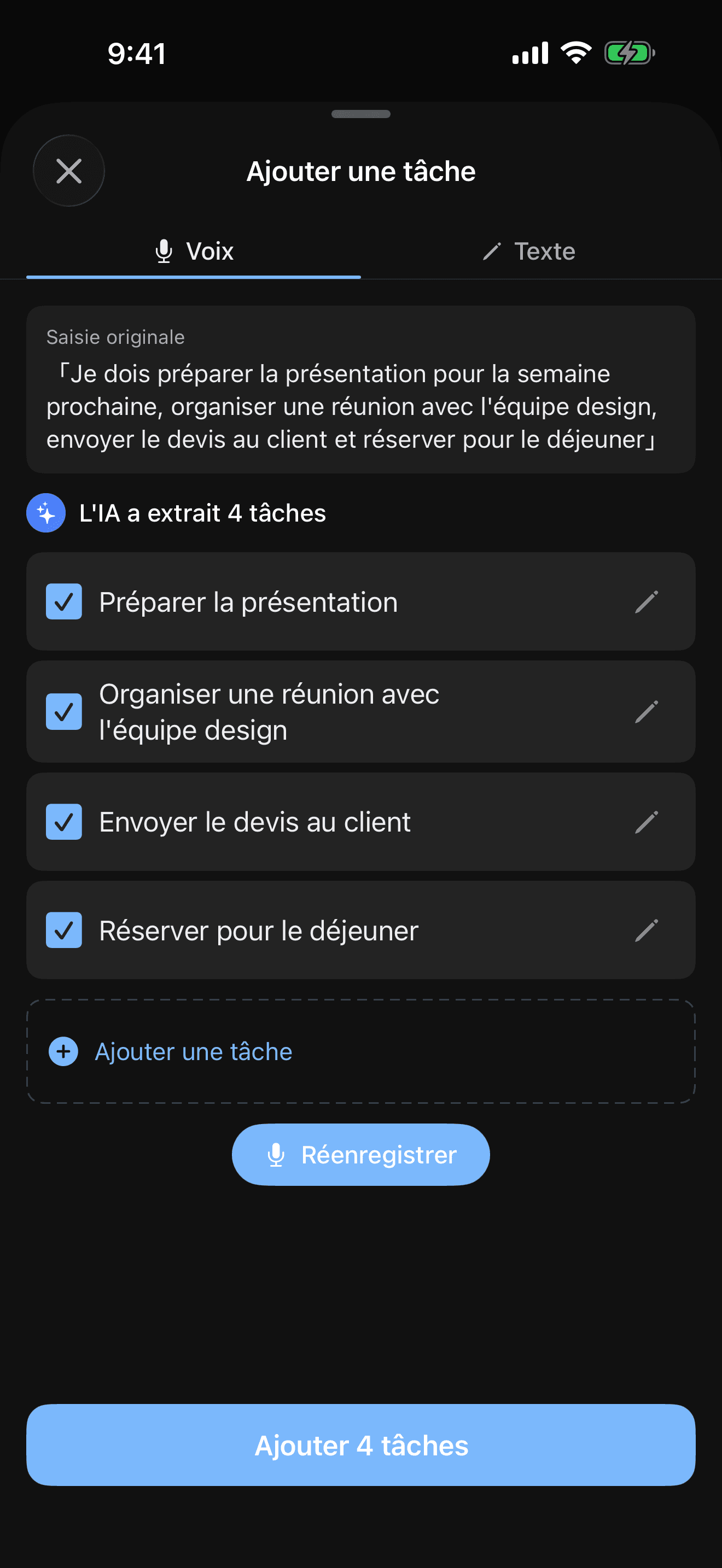 Écran de découpage IA des tâches